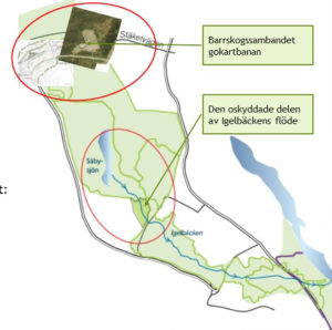 Kartbild som visar på de svaga sambanden vid Igelbäcken och Rotebroleden 